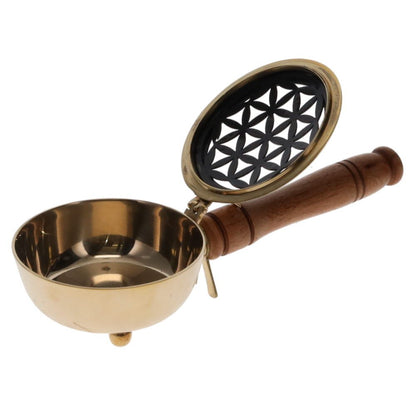 Flower of Life Brass Burner with Wooden Handle