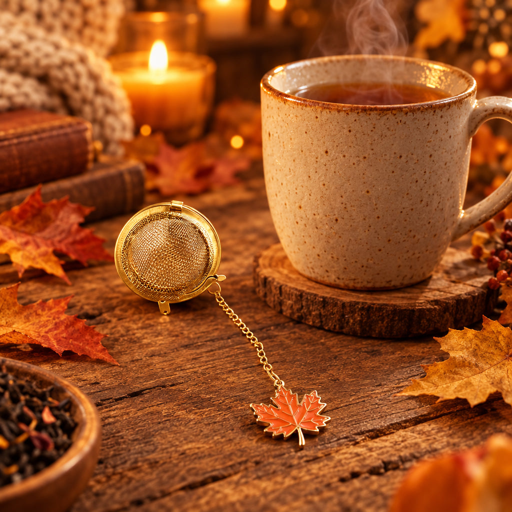 Gold tea infuser with a leaf charm on a white background