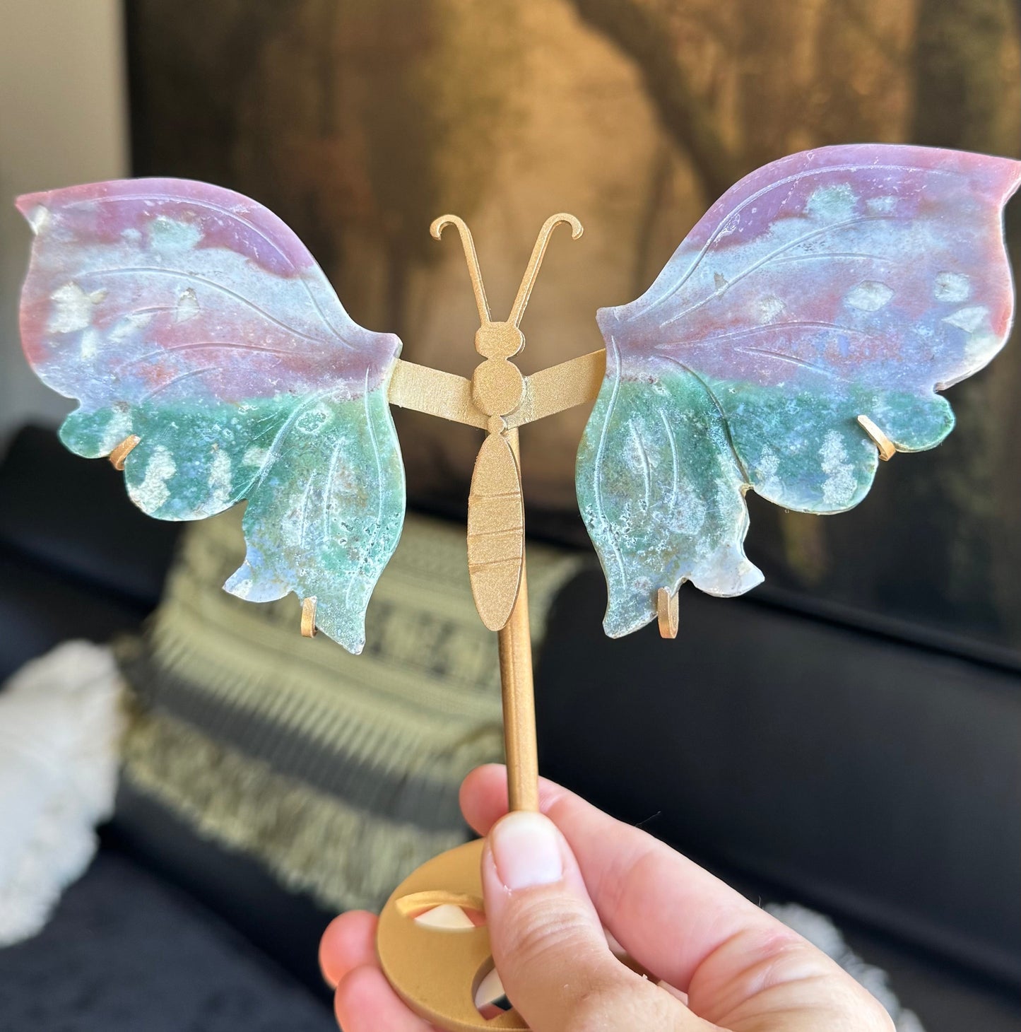 Butterfly Wings Carving on stand NATURAL OCEAN JASPER