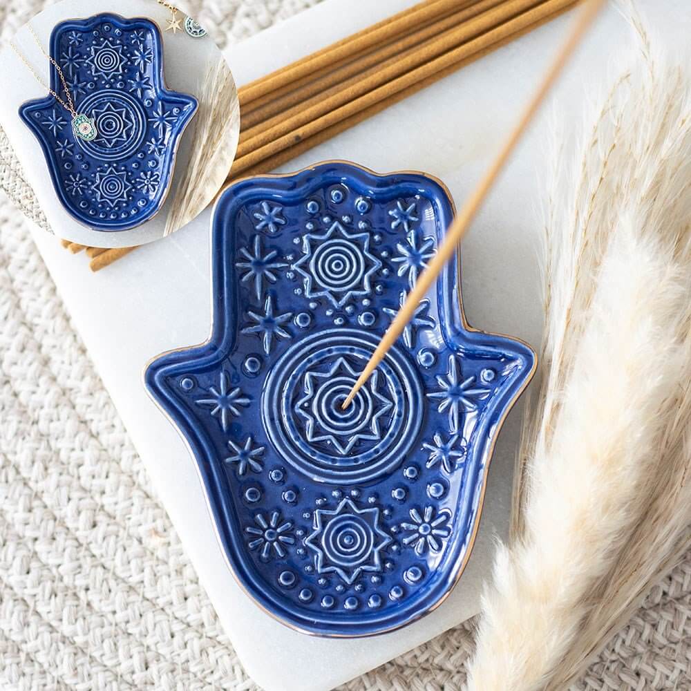Blue Hand of Hamsa Incense Holder plate and Trinket Dish