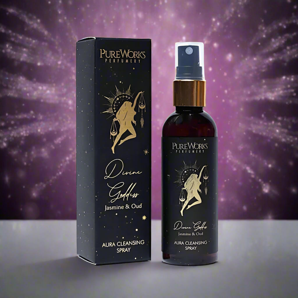 PureWorks Perfumery Divine Goddess Aura Cleansing Spray with packaging on a white background