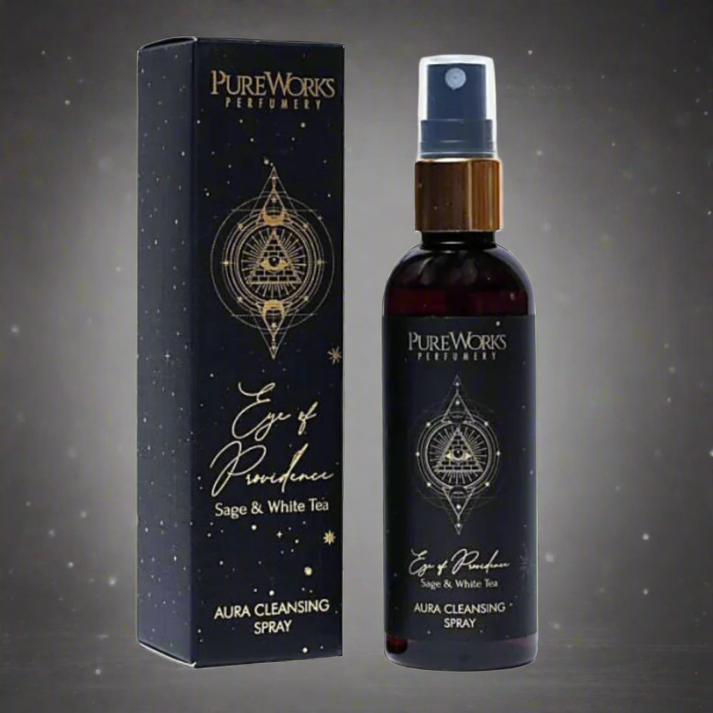 PureWorks Perfumery Aura Cleansing Spray with packaging on a white background