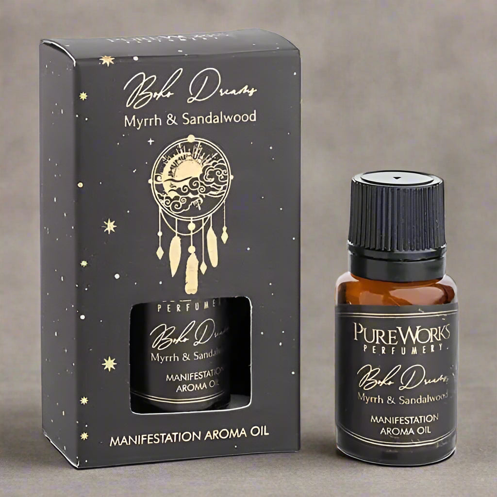 Bottle of PureWorks Perfumery Myrrh & Sandalwood Aroma Oil with packaging on a white background