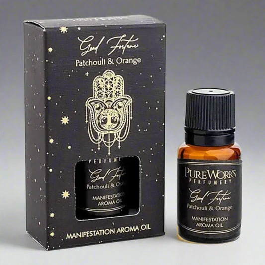 Manifestation Aroma Oil packaging with black box and bottle on a white background