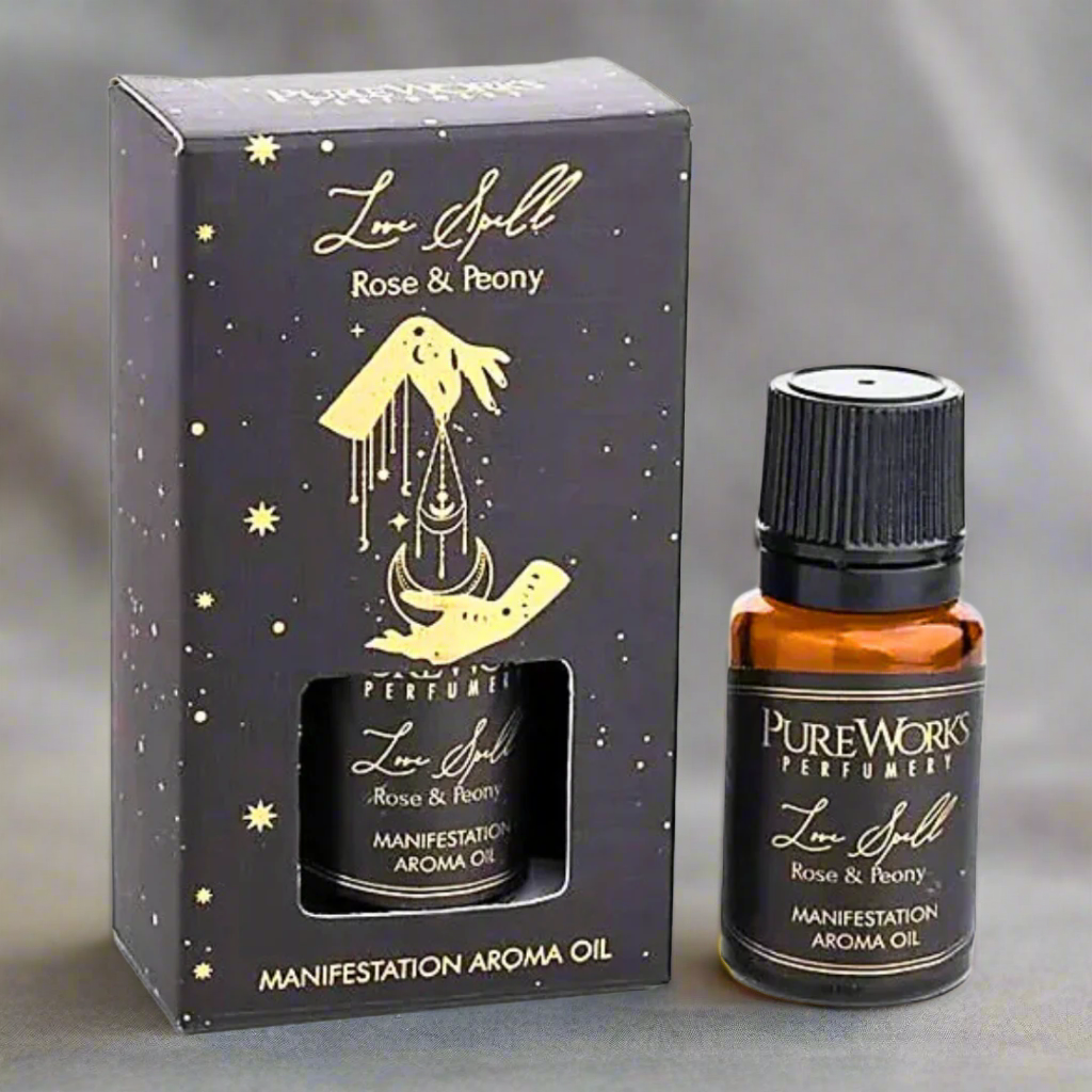 PureWorks Perfumery Love Spell Rose & Peony aroma oil bottle and packaging on a white background