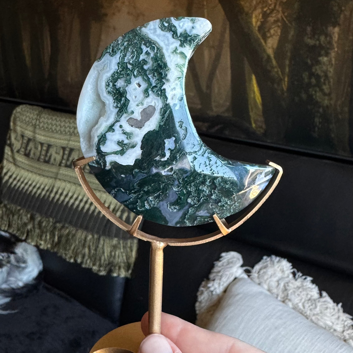 Moon Stone Crystal Carving on Stand MOSS AGATE