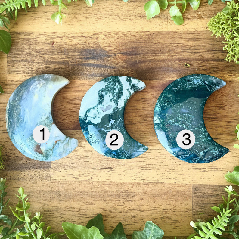 Moon Stone Crystal Carving on Stand MOSS AGATE