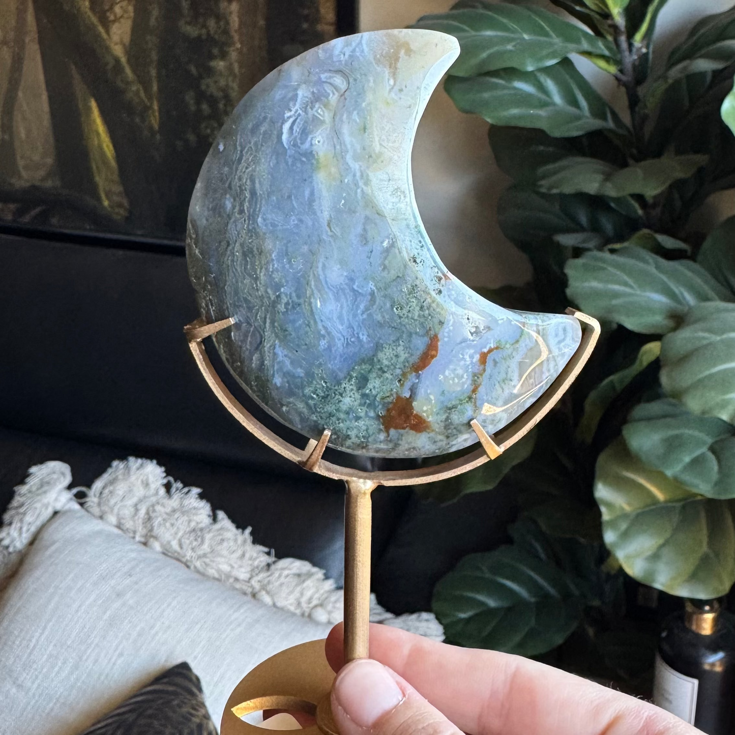 Moon Stone Crystal Carving on Stand MOSS AGATE