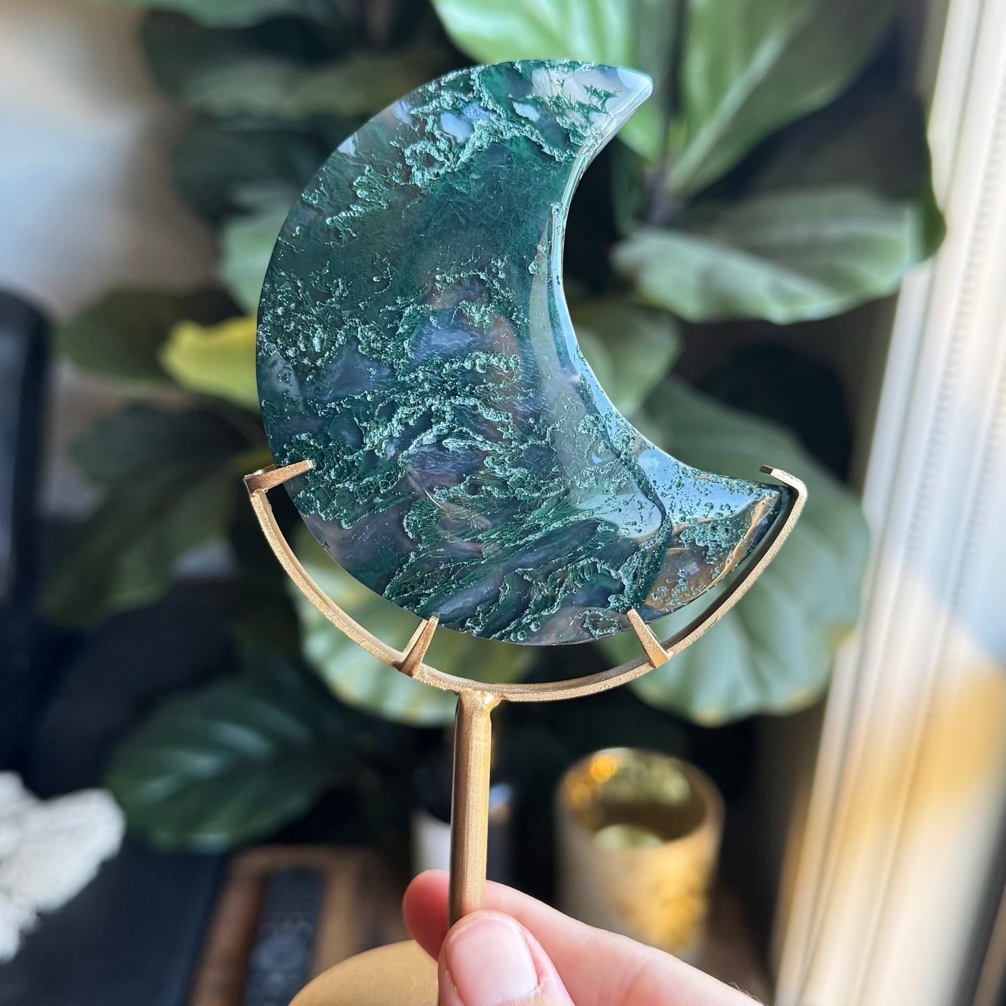 Moon Stone Crystal Carving on Stand MOSS AGATE