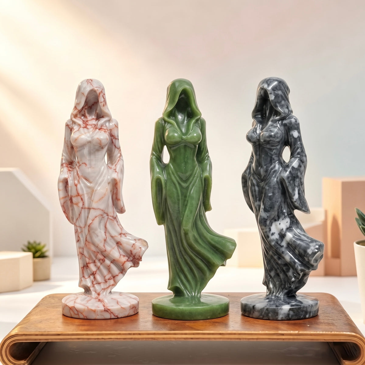 Hooded Lady Hand Carved Stone Statue Figure