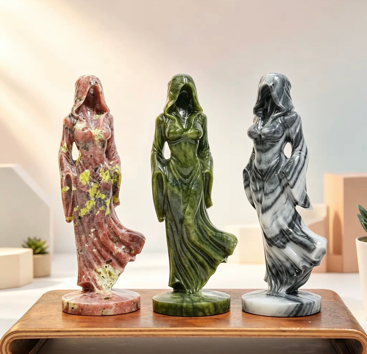 Hooded Lady Hand Carved Stone Statue Figure