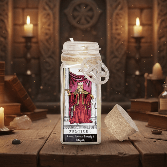 Mason jar with tarot card design on a wooden table with candles and books in a mystical setting