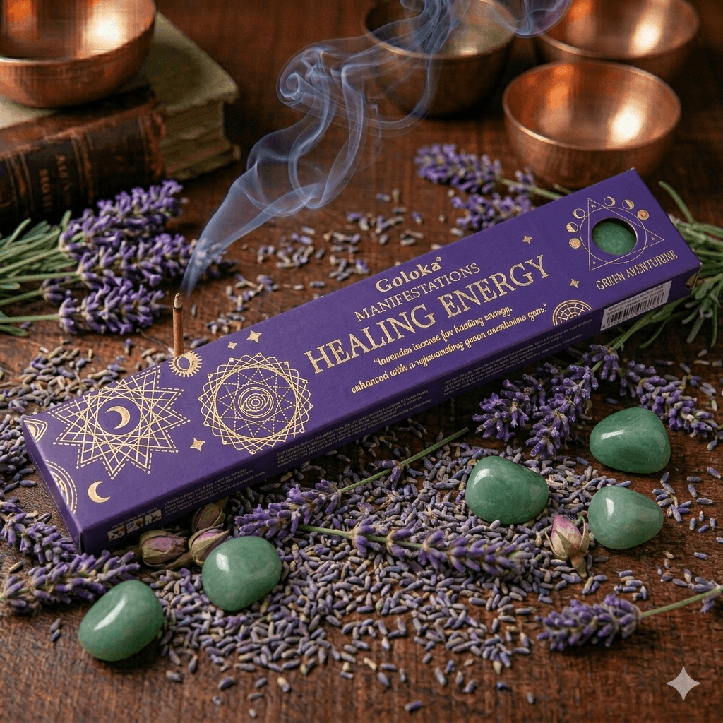 Goloka Manifestation Incense HEALING ENERGY Lavender with green aventurine gem