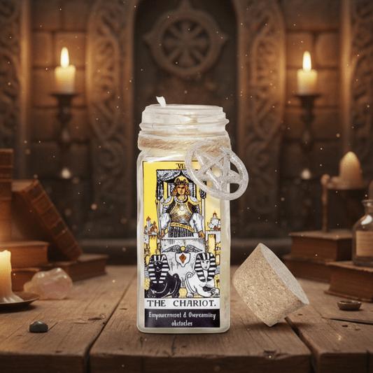 Mason jar with tarot card design on a mystical table with candles and books.