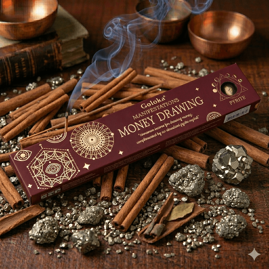 Goloka Manifestation Incense MONEY MAKING Cinnamon with pyrite crystal