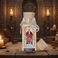 Magical bottle labeled 'The Emperor' with candles and books in a mystical setting