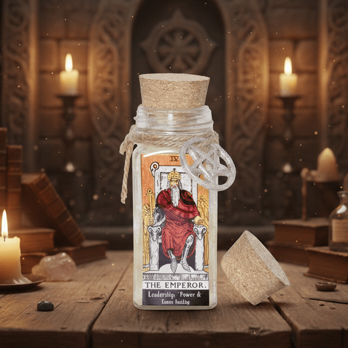 Magical bottle labeled 'The Emperor' with candles and books in a mystical setting