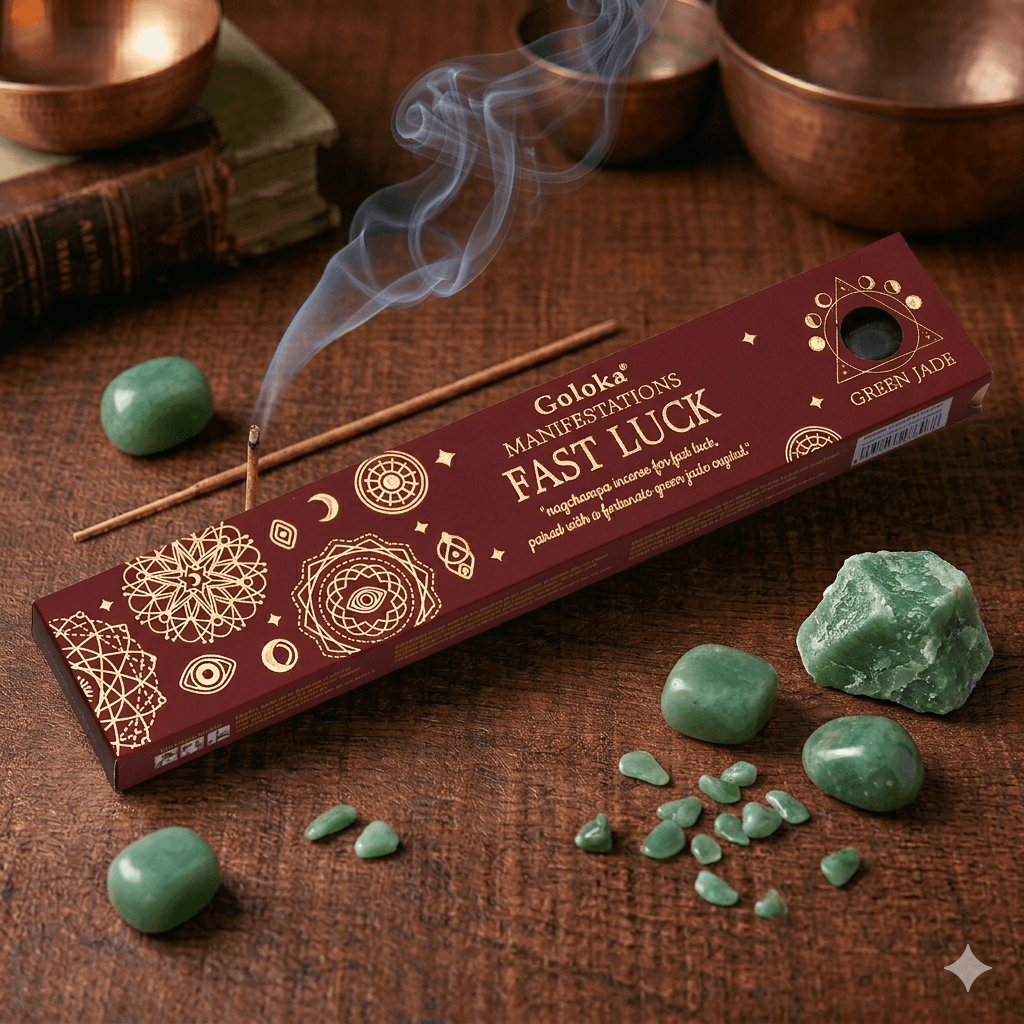 Goloka Manifestation Incense FAST LUCK Nag Champa with green jade crystal