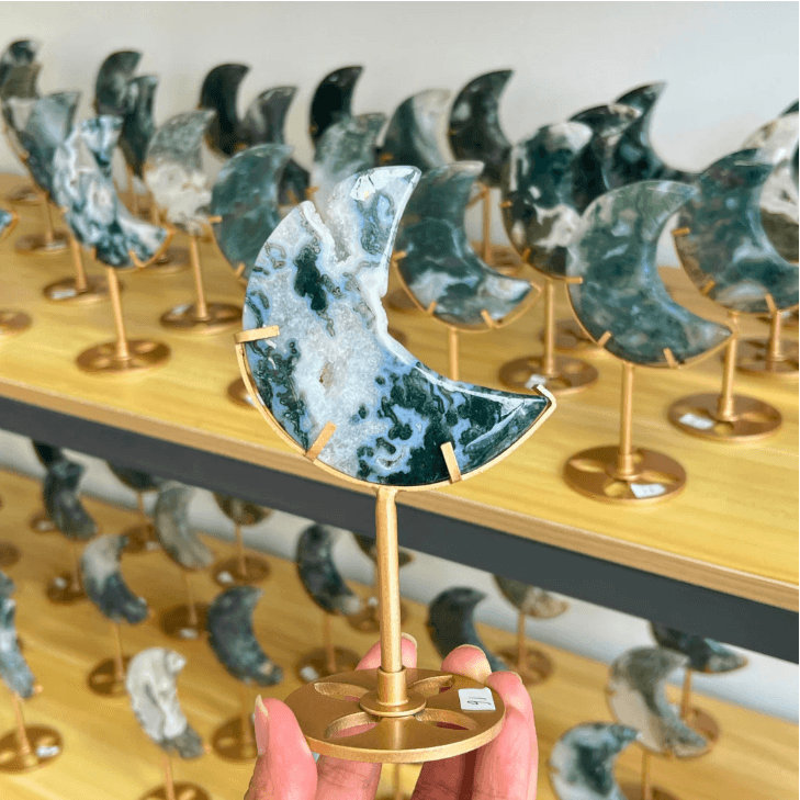 Moon Stone Crystal Carving on Stand MOSS AGATE
