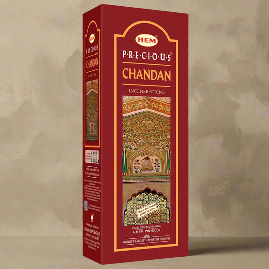 Box of HEM Precious Chandan incense sticks on a white background