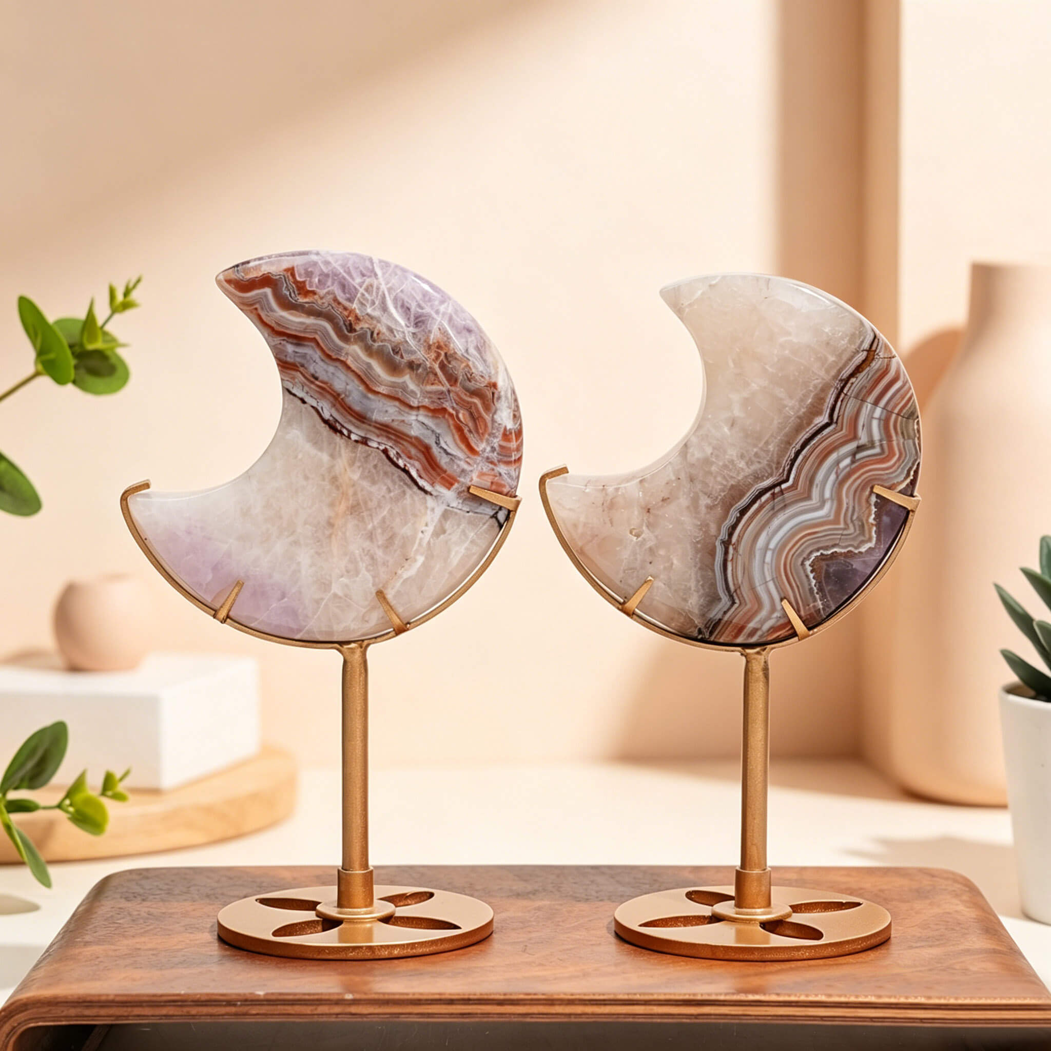Moon Stone Crystal Carving on Stand AGATE AMETHYST