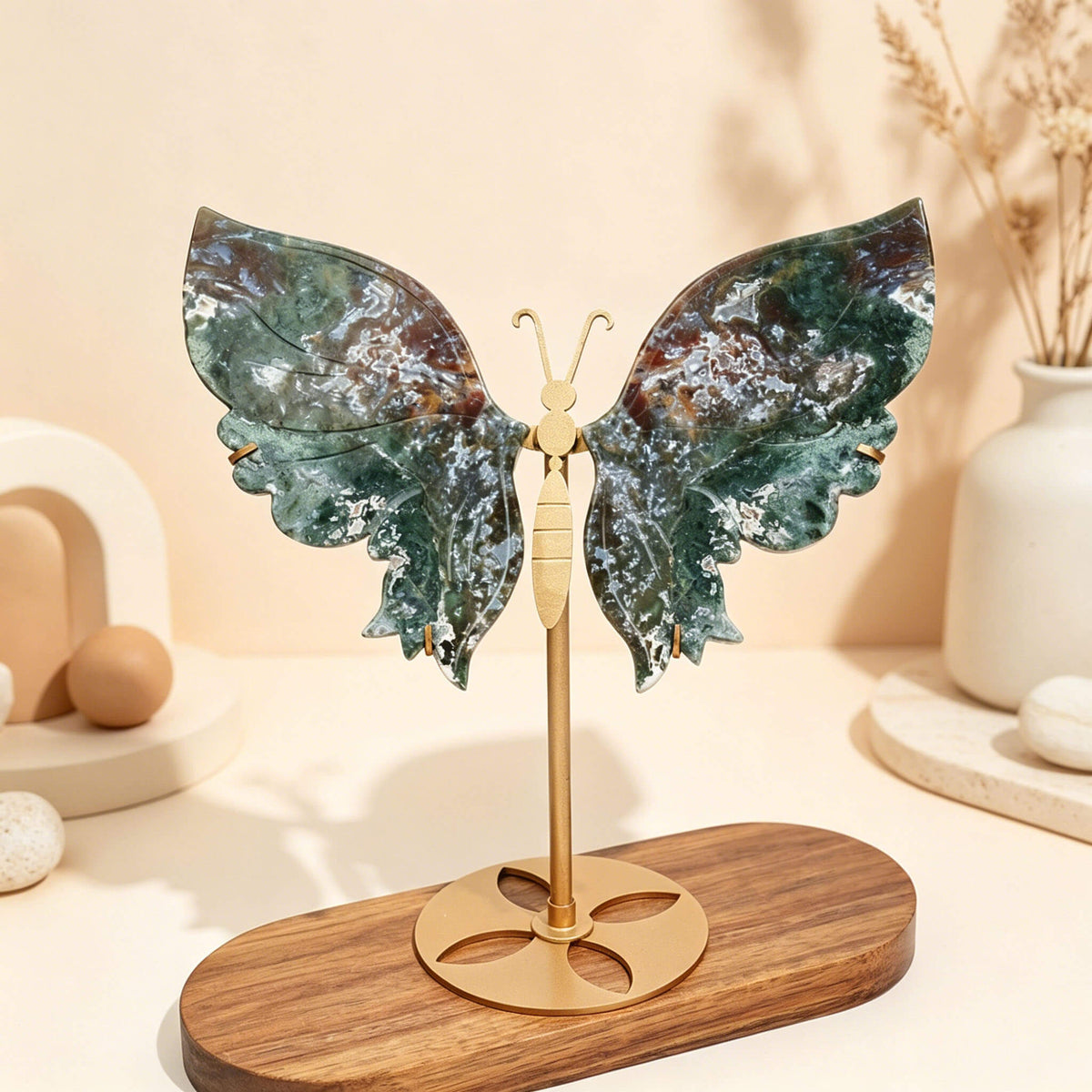 Butterfly Wings Carving on stand NATURAL OCEAN JASPER