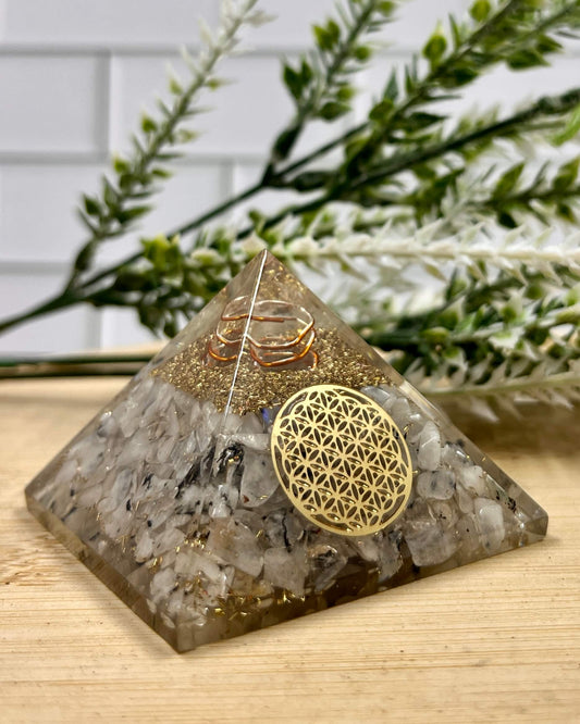 Orgonite Pyramid RAINBOW MOONSTONE with medallion SMALL