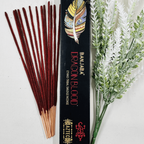 A packet of Banjara Aztec incense sticks with Dragons Blood fragrance, displayed alongside decorative foliage.