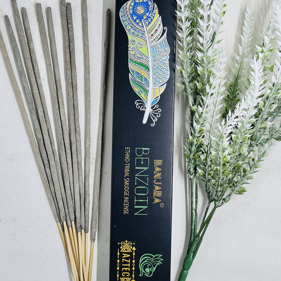 A packet of Banjara Aztec incense sticks with a decorative box, alongside some greenery for context.