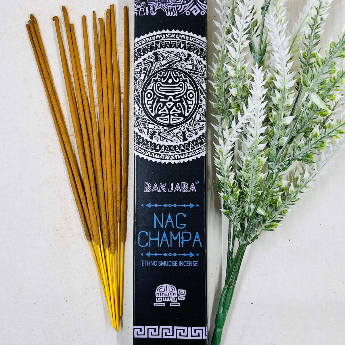 A packet of Banjara Aztec incense sticks with Nag Champa fragrance, displayed alongside decorative foliage.