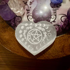 Selenite Gemstone with Pentacle Moon Heart crystal stone70mm