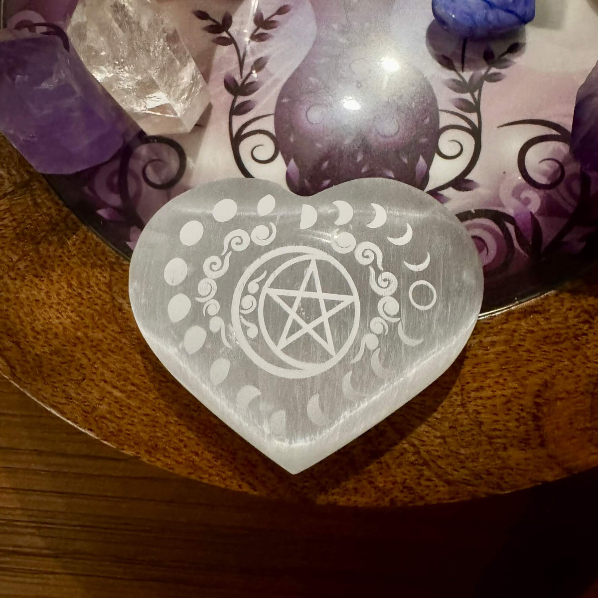 Selenite Gemstone with Pentacle Moon Heart crystal stone70mm