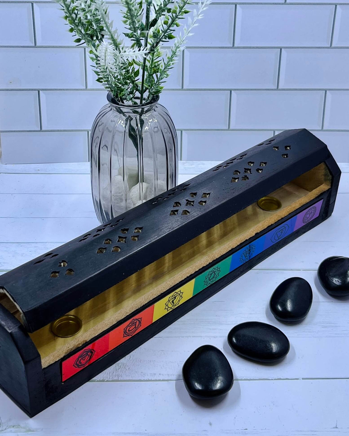 Wooden Hexagon Incense Holder Box Chakra