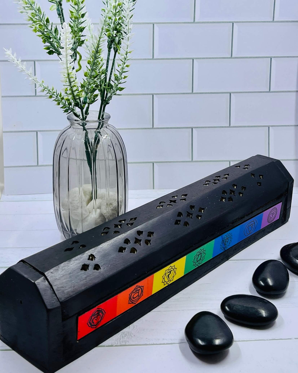 Wooden Hexagon Incense Holder Box Chakra