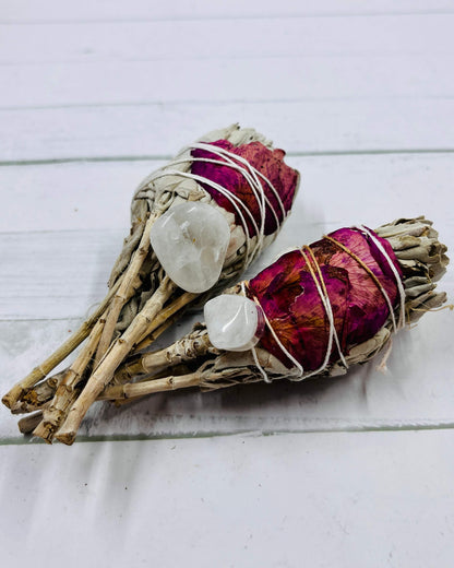 White Sage & Rose Petal smudge stick Torch with Quartz 8cm