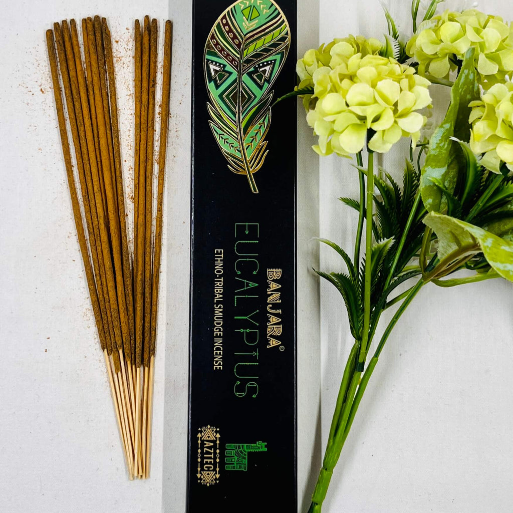 A packet of Banjara Aztec Eucalyptus incense sticks displayed alongside green and yellow floral decor.