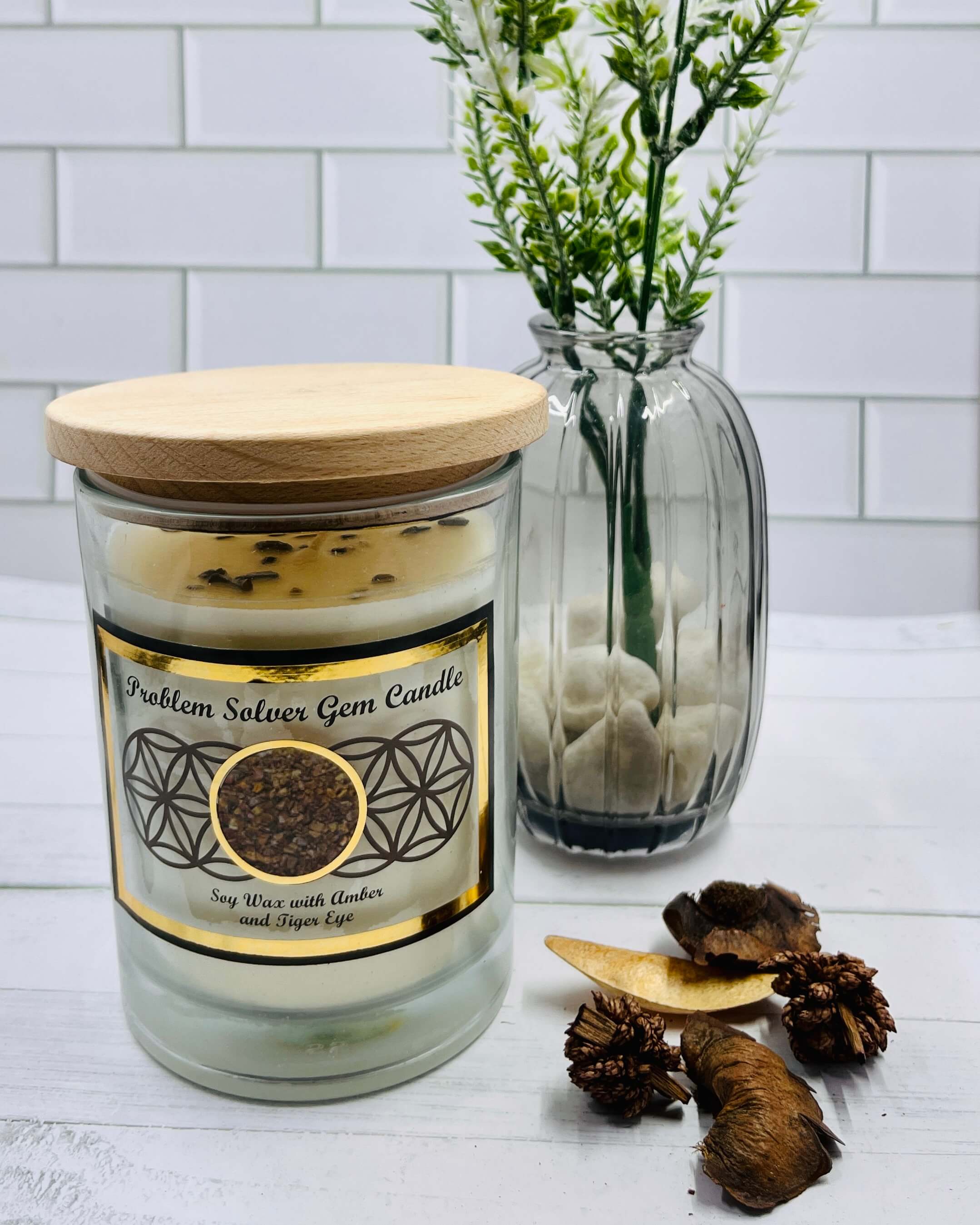 Harmonia AMBER Soy Wax Gemstone Candle - Tiger Eye Problem Solving