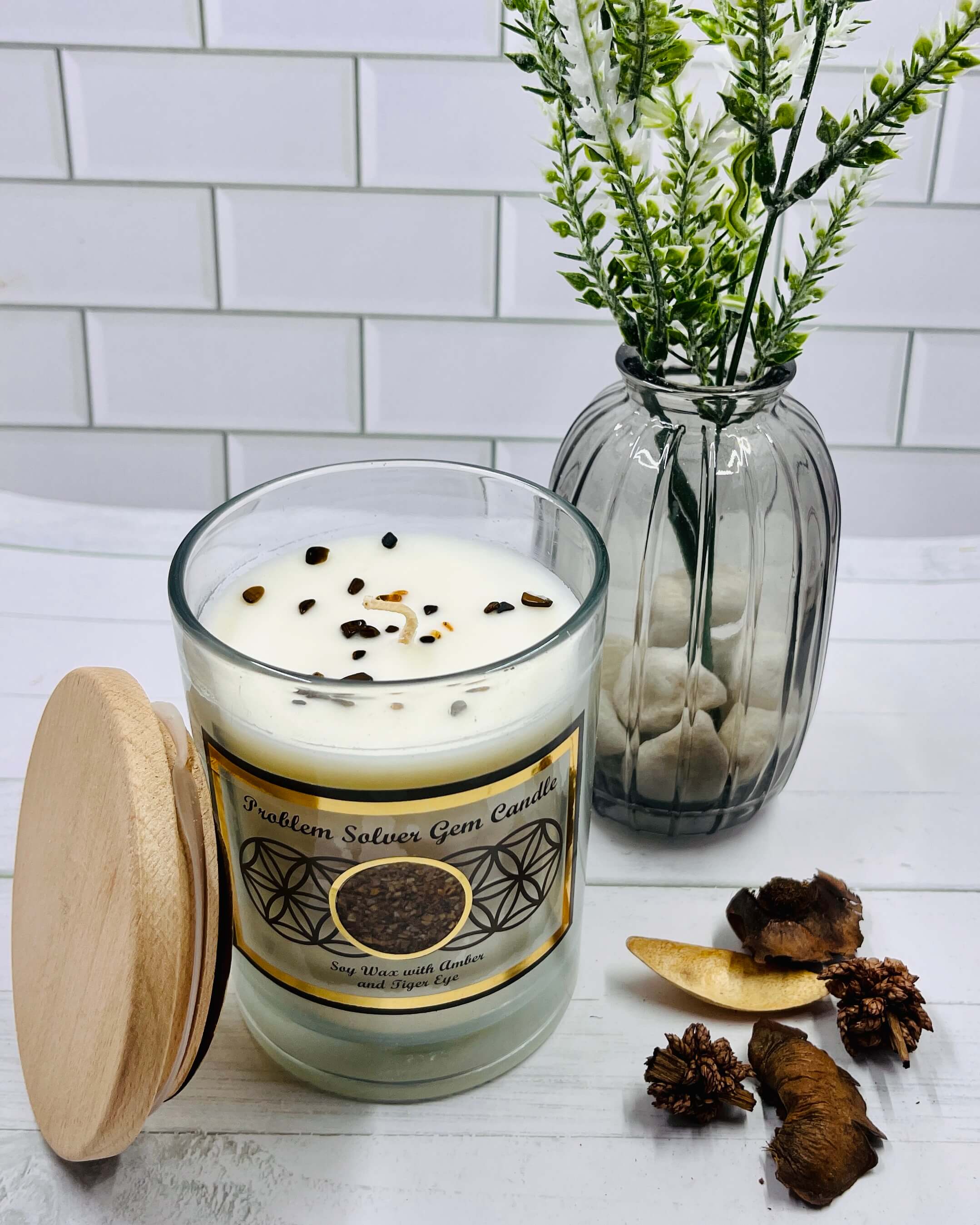 Harmonia AMBER Soy Wax Gemstone Candle - Tiger Eye Problem Solving