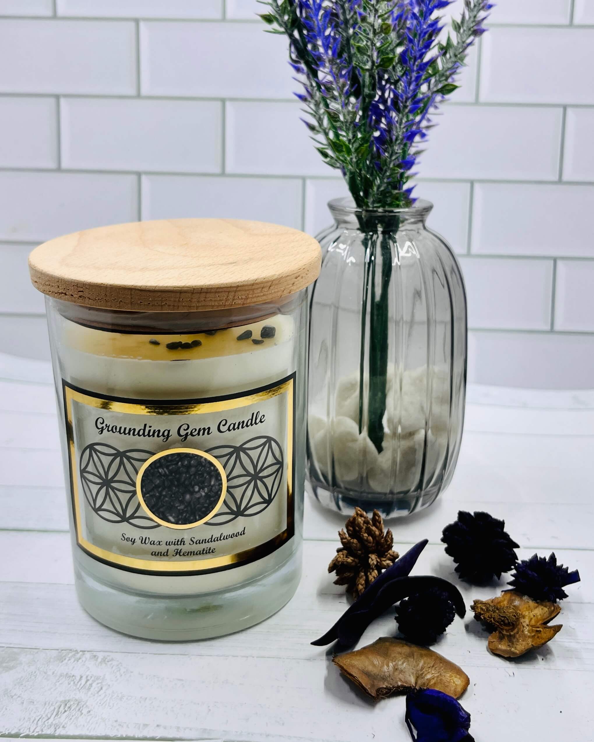 Harmonia SANDALWOOD Soy Wax Gemstone Candle - Hematite Grounding