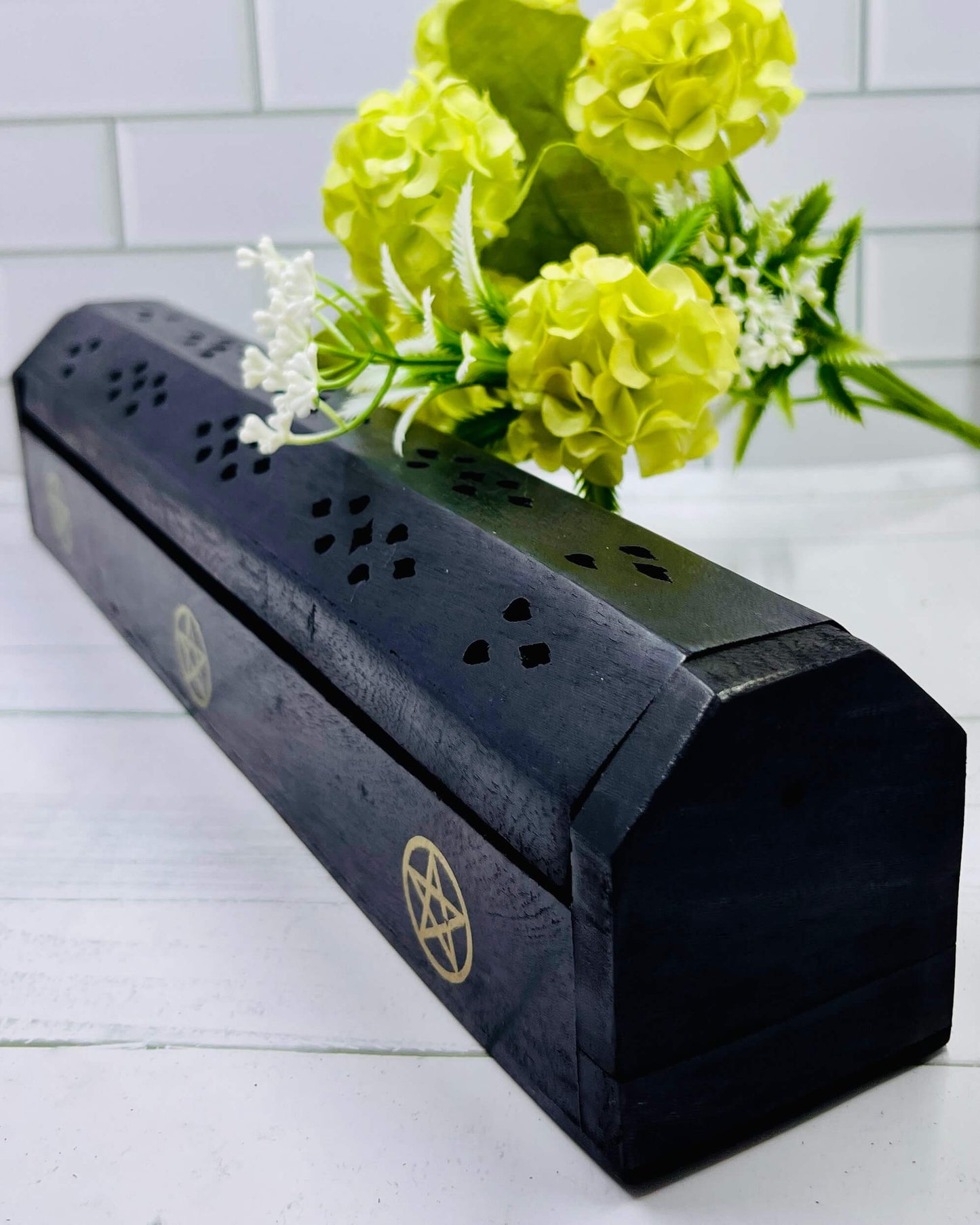 Wooden Black Hexagon Incense Holder Box Pentacle 30cm