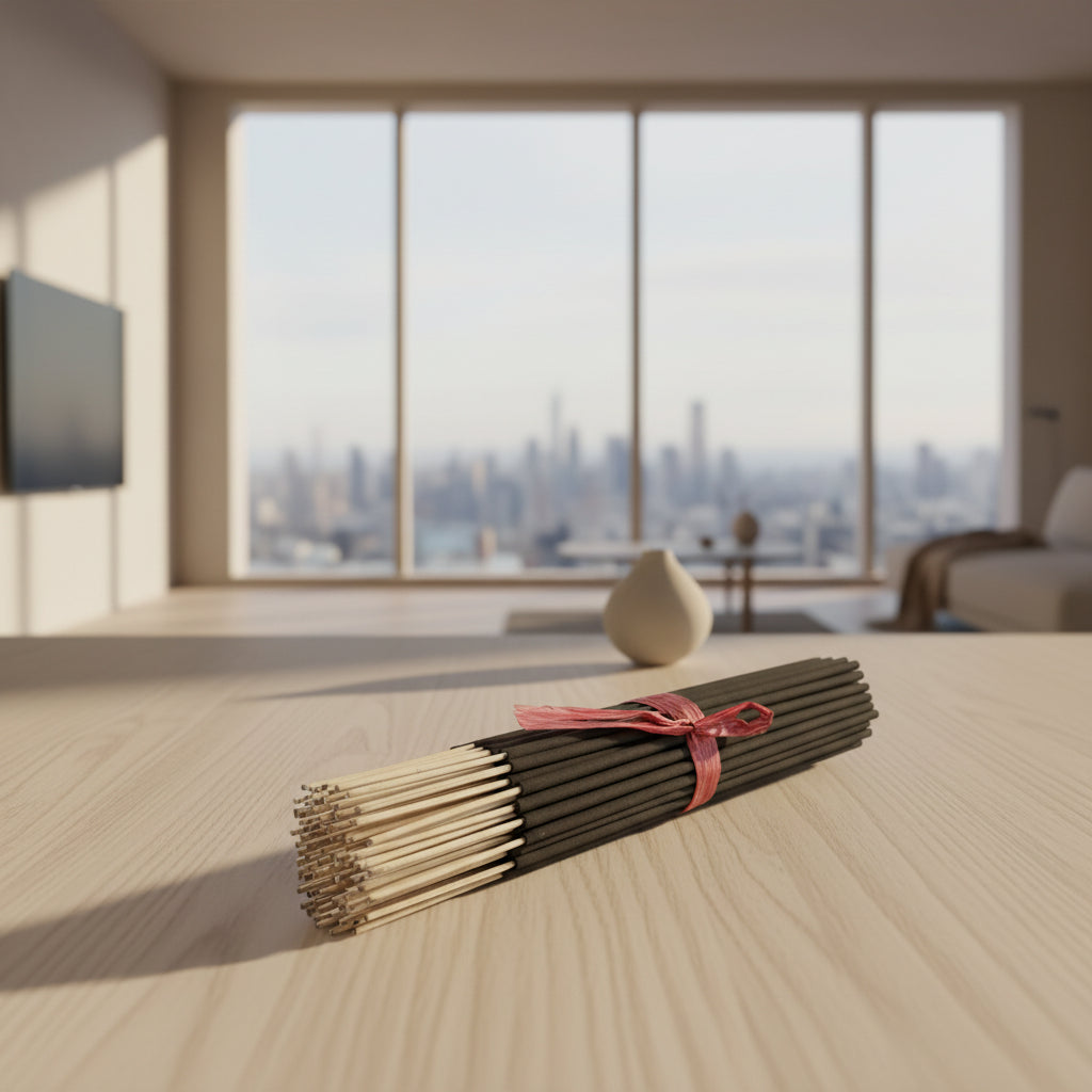 A bundle of incense sticks tied with a pink ribbon, resting on a wooden tabletop in a styled indoor setting with candles and bottles in the background.