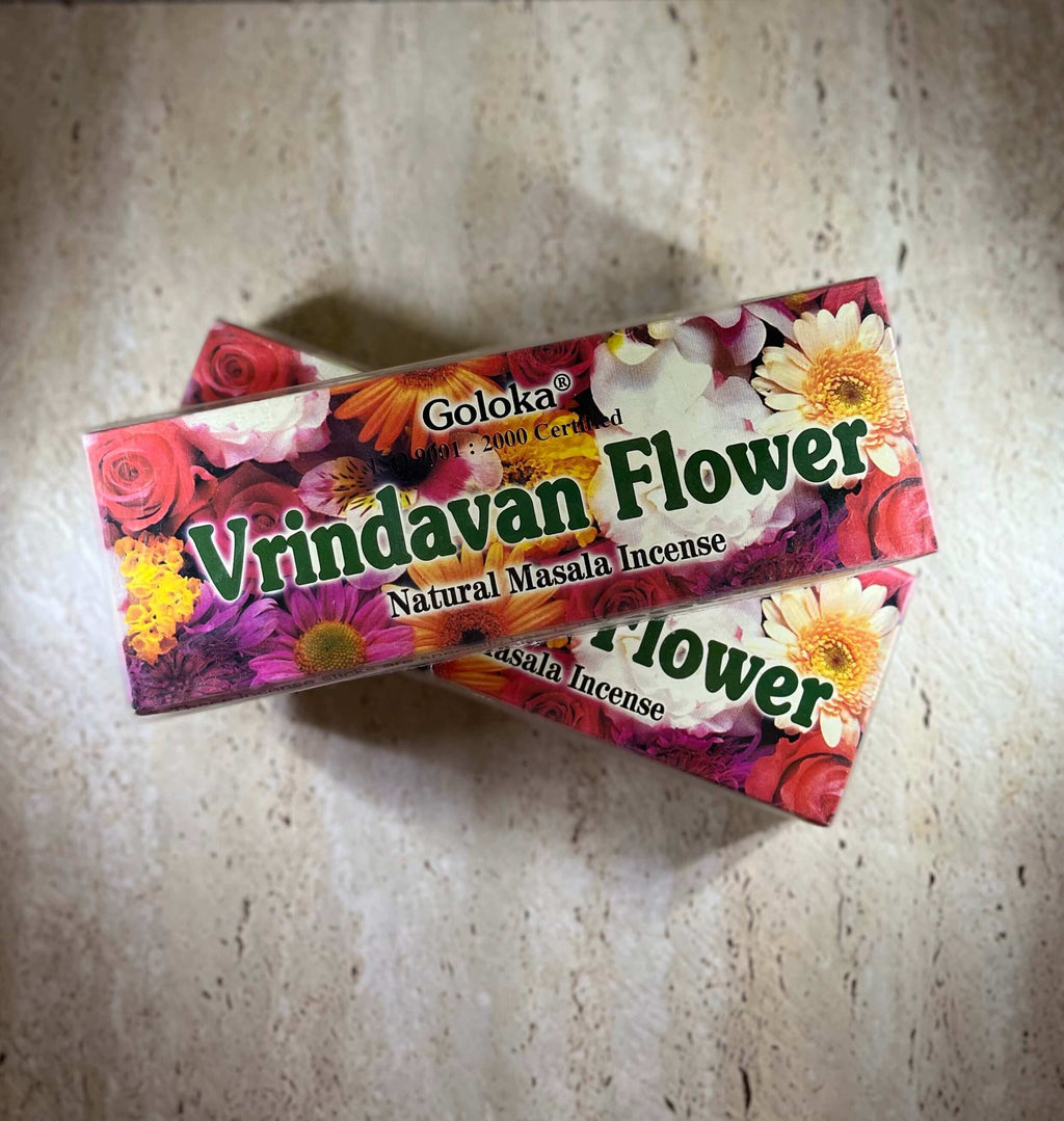 Packaging of Goloka Vrindavan Flower incense, displaying the product name and floral design.