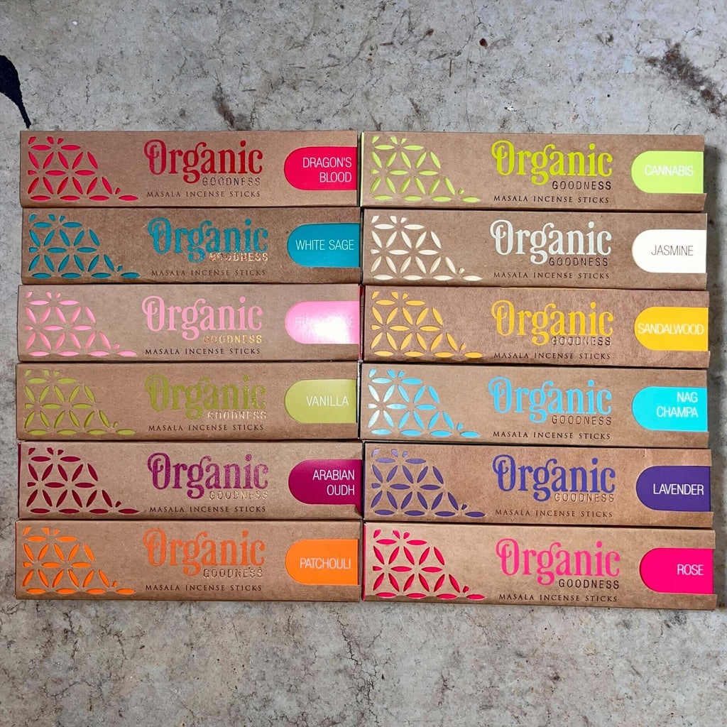 organic goodness assorted 12 pack hand made cannabis patchouli dragons blood arabian oudh vanilla frankincense white sage rose lavender nag champa sandalwood jasmine masala incense australia sale buy