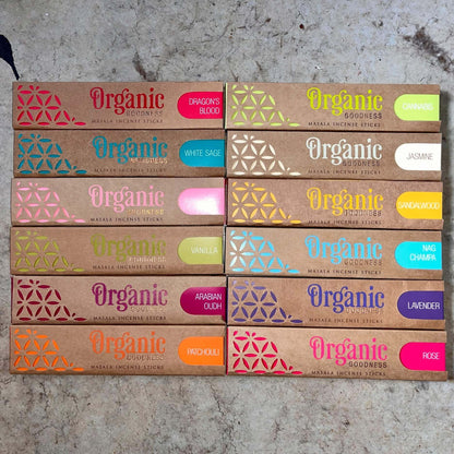 organic goodness assorted 12 pack hand made cannabis patchouli dragons blood arabian oudh vanilla frankincense white sage rose lavender nag champa sandalwood jasmine masala incense australia sale buy