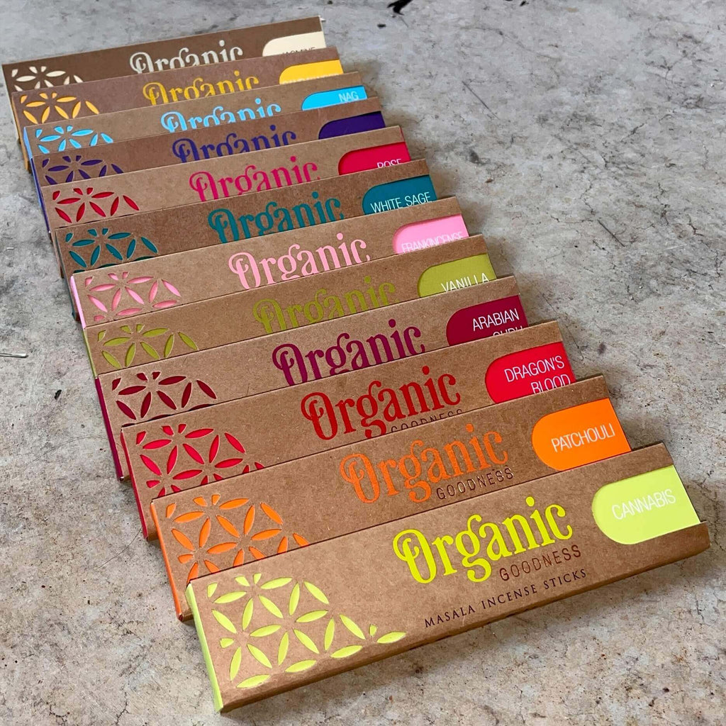 organic goodness assorted 12 pack hand made cannabis patchouli dragons blood arabian oudh vanilla frankincense white sage rose lavender nag champa sandalwood jasmine masala incense australia sale buy