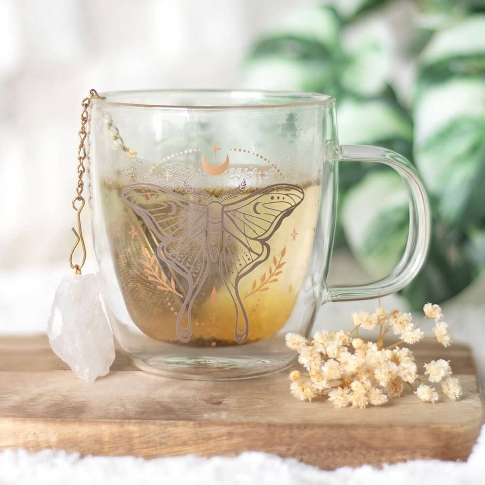 Luna Moth Double Walled Glass Mug and Crystal Tea Infuser