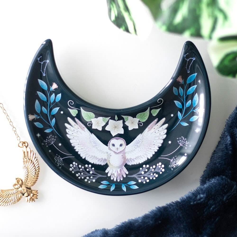 Crescent Moon Night Owl Ceramic Trinket Dish
