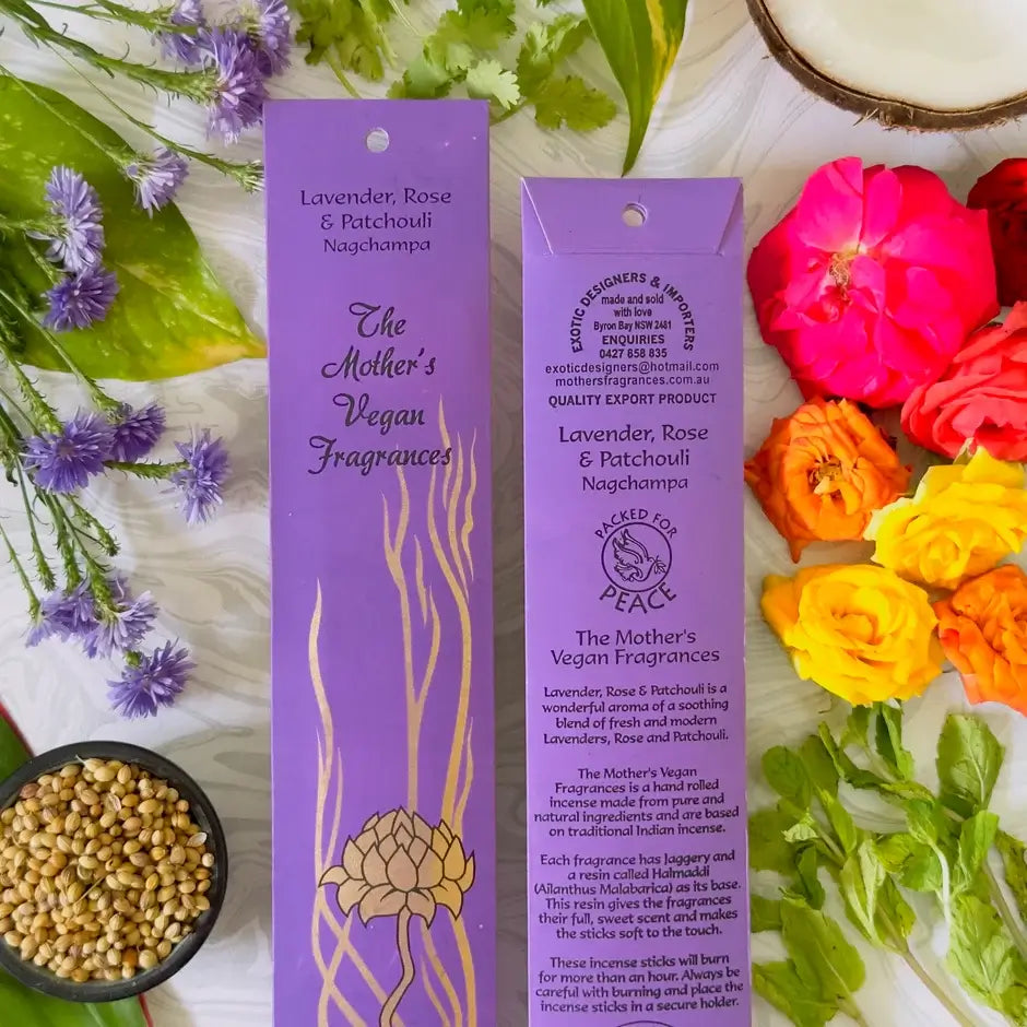 Mother's India LAVENDER, ROSE & PATCHOULI Nagchampa VEGAN incense