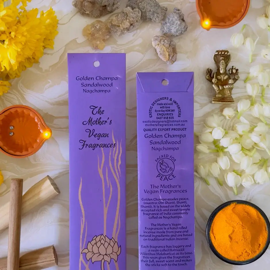 Mother's India GOLDEN CHAMPA SANDALWOOD Nagchampa VEGAN incense