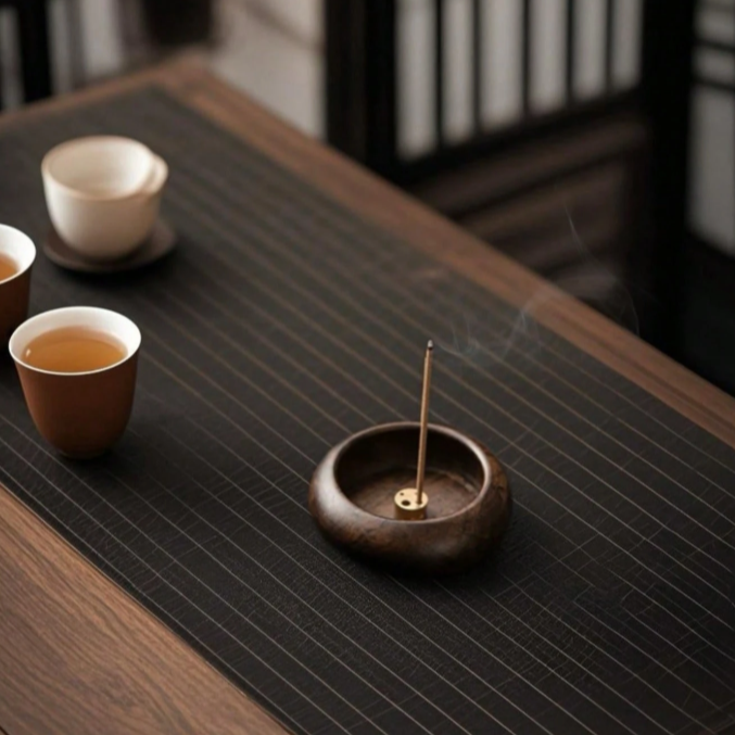Ceramic incense burner with a single stick of incense on a dark wooden table with tea cups.